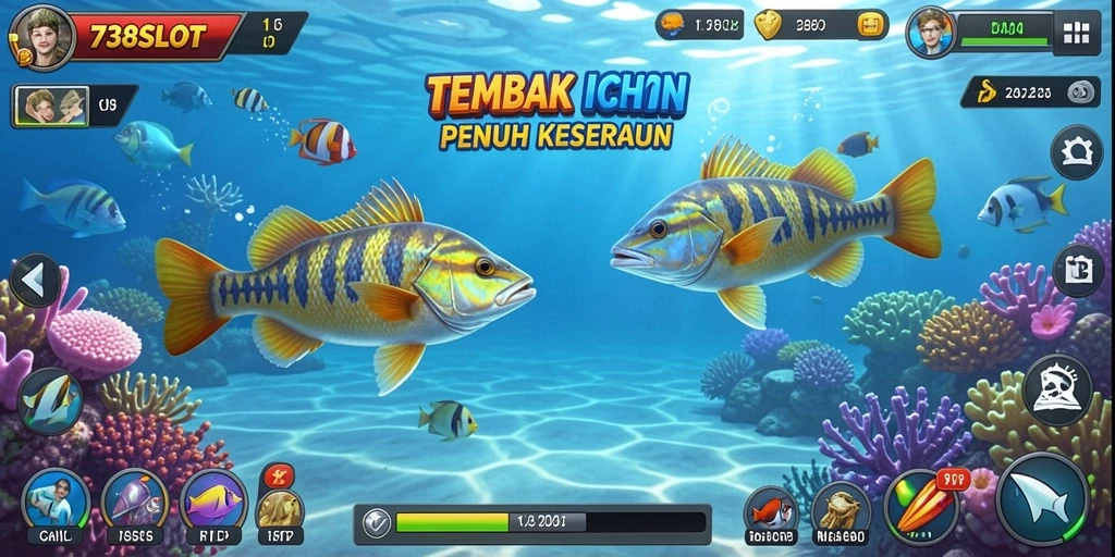 Gameplay menembak ikan yang seru dan penuh warna.