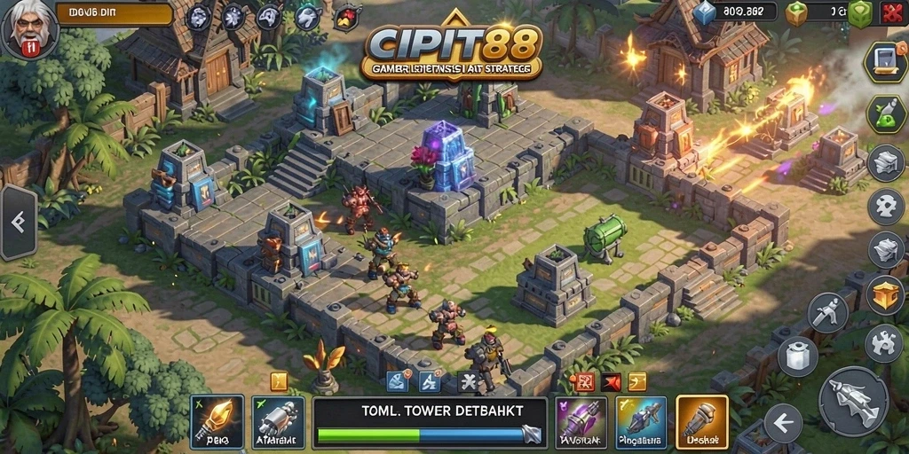 Tampilan gameplay <strong>CIPIT88</strong> dengan variasi tower dan serangan musuh yang menarik.