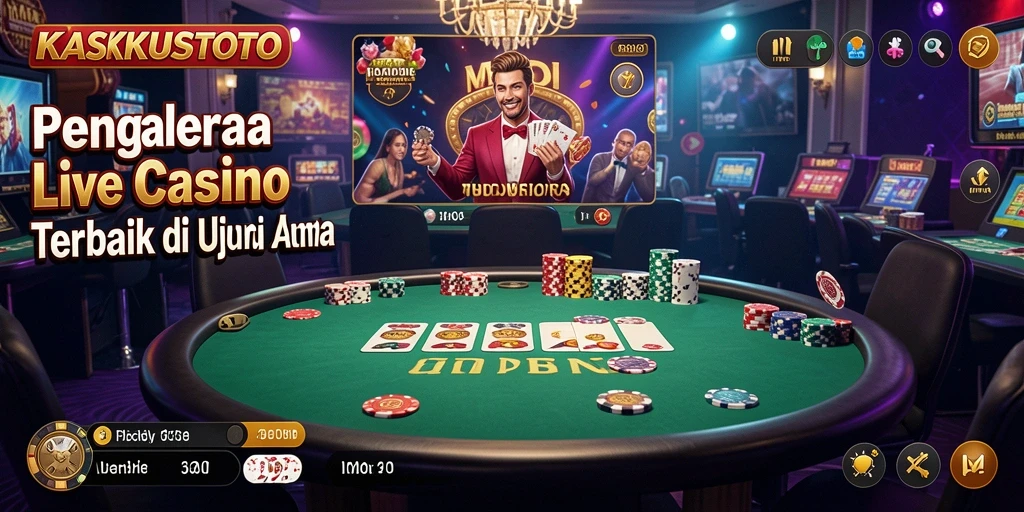 Screenshot KASKUSTOTO menampilkan dealer profesional dalam aksi permainan Live Casino.
