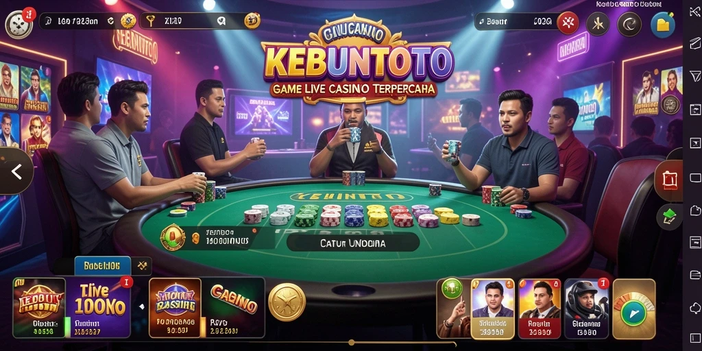 Screenshot gameplay KEBUNTOTO menunjukkan dealer langsung yang ramah dan permainan kasino yang menarik.