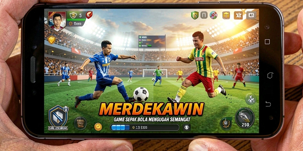 Tampilan gameplay menarik dari MERDEKAWIN saat pertandingan sepak bola berlangsung.
