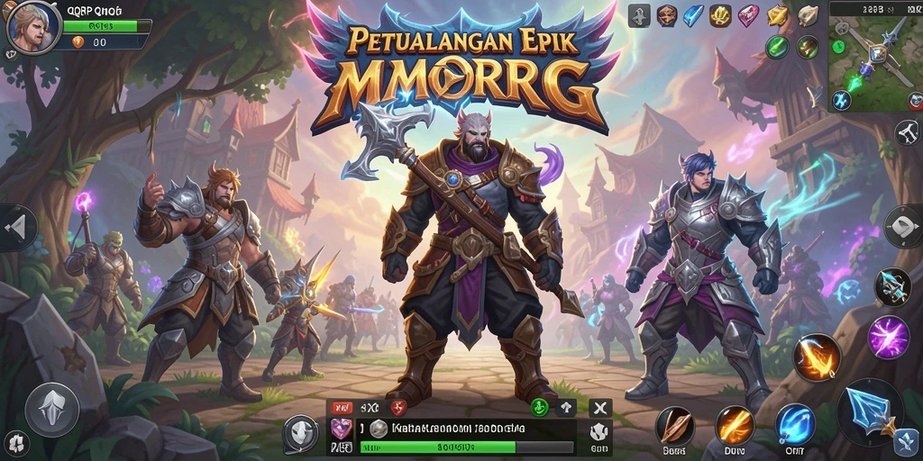 Screenshot gameplay QQRP menampilkan pertempuran epik di dunia MMORPG.