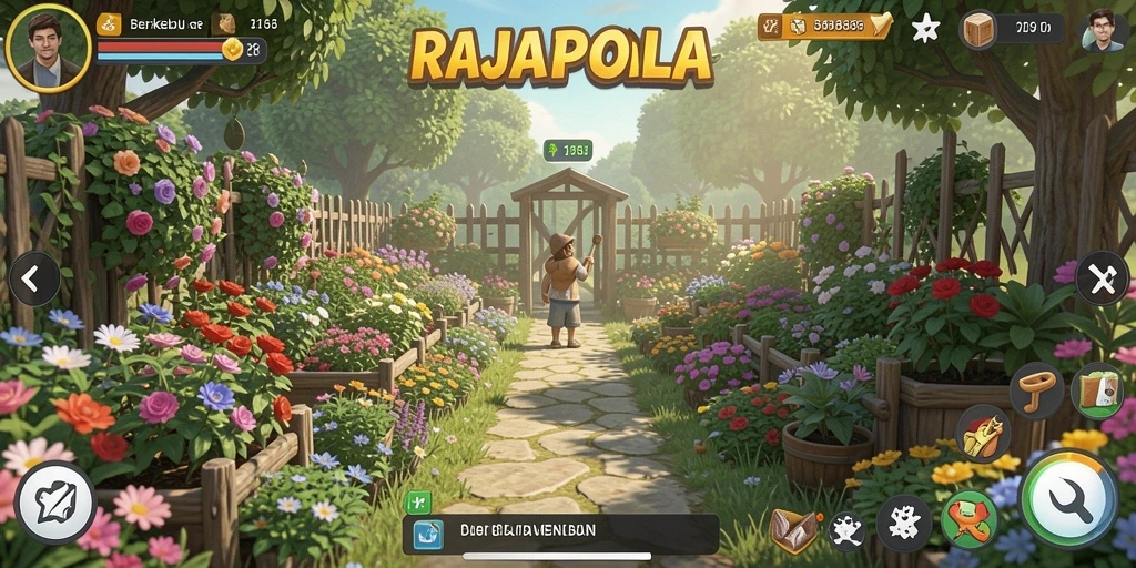Screenshot gameplay RAJAPOLA yang menampilkan aktivitas bertani yang seru.