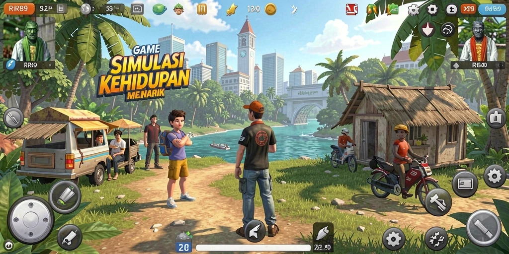 Tampilan gameplay RR89 yang menampilkan simulasi kehidupan yang interaktif.