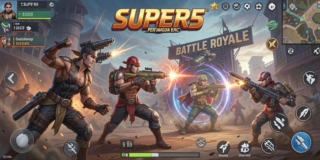 Screenshot SUPER5 menunjukkan aksi intens Battle Royale yang menegangkan.